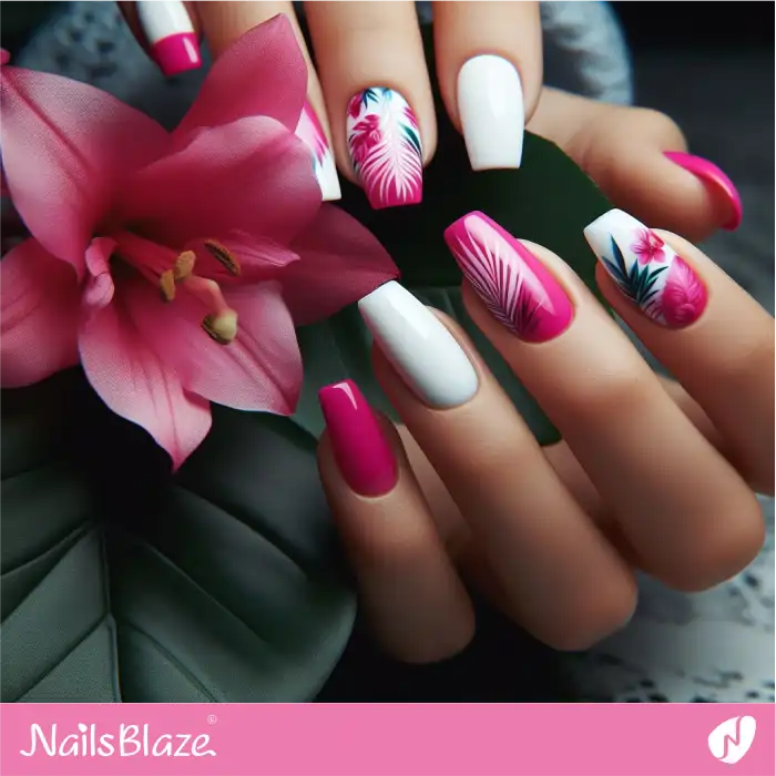Pink and White Tropical Nails with Fuchsia Flower | Hawaii Nails - NB4053